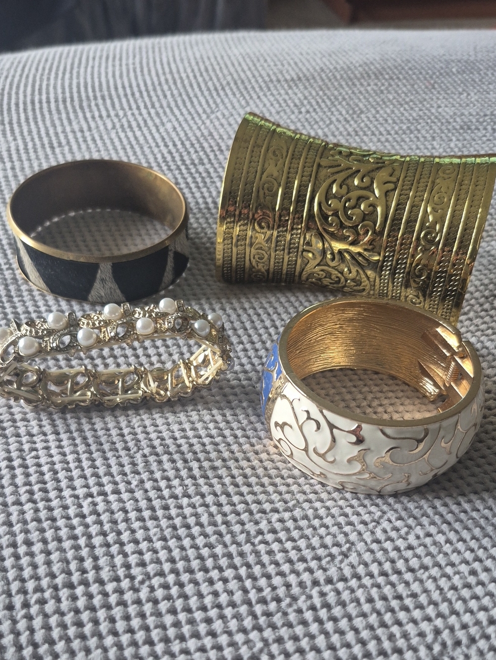 Macy's Gold and White Enamel Wide Cuff Bracelet